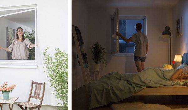 2 Bilder nebeneinander. Links steht eine Frau innen am Fenster und hängt einen Fliegengitter Spannrahmen ein. Rechts öffnet ein Mann ein Fenster von innen um nachts zu lüften.