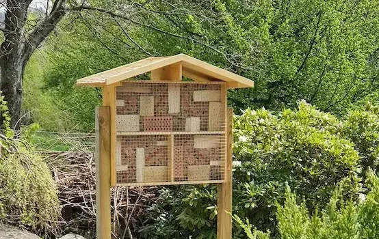 Ein Insektenhotel aus Holz inmitten eines naturnahen Gartens in der Schweiz im Frühling