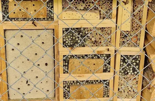 Kompakte Wildbienen-Nisthilfen mit Bambusröhrchen und Holzplatten in einem Holzstapel hinter Maschendraht