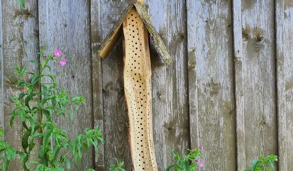 Natürliche Wildbienen-Nisthilfe aus einem Holzstamm mit schrägem Dach an einer Holzfassade im Garten